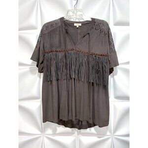 Umgee Sz M Faux Suede Leather Suede Fringed Top Blouse Indian Aztec Boho